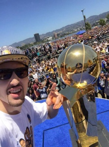 Klay Thompson with the NBA Championship trophy